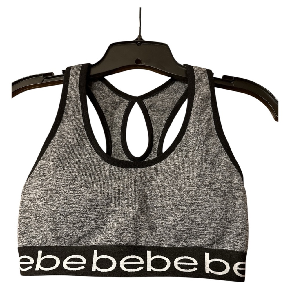 Bebe Y2K Sports Bra Logo Trim Size Medium Gray Black Active Streetwear Sporty‎